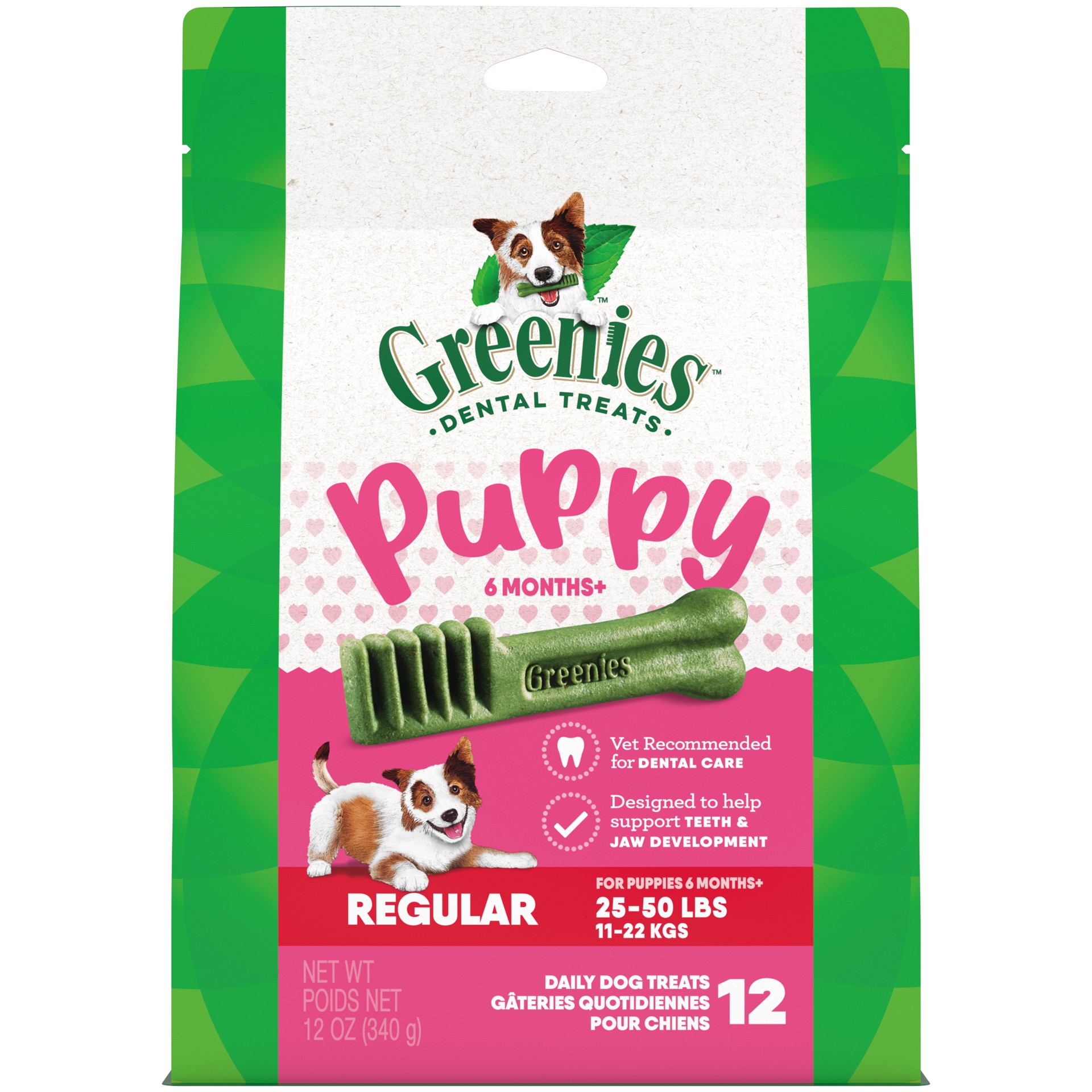 slide 1 of 3, GREENIES Puppy 6+ Months Regular Natural Dog Dental Care Chews Oral Health Dog Treats Pack (12 Treats, 12 oz