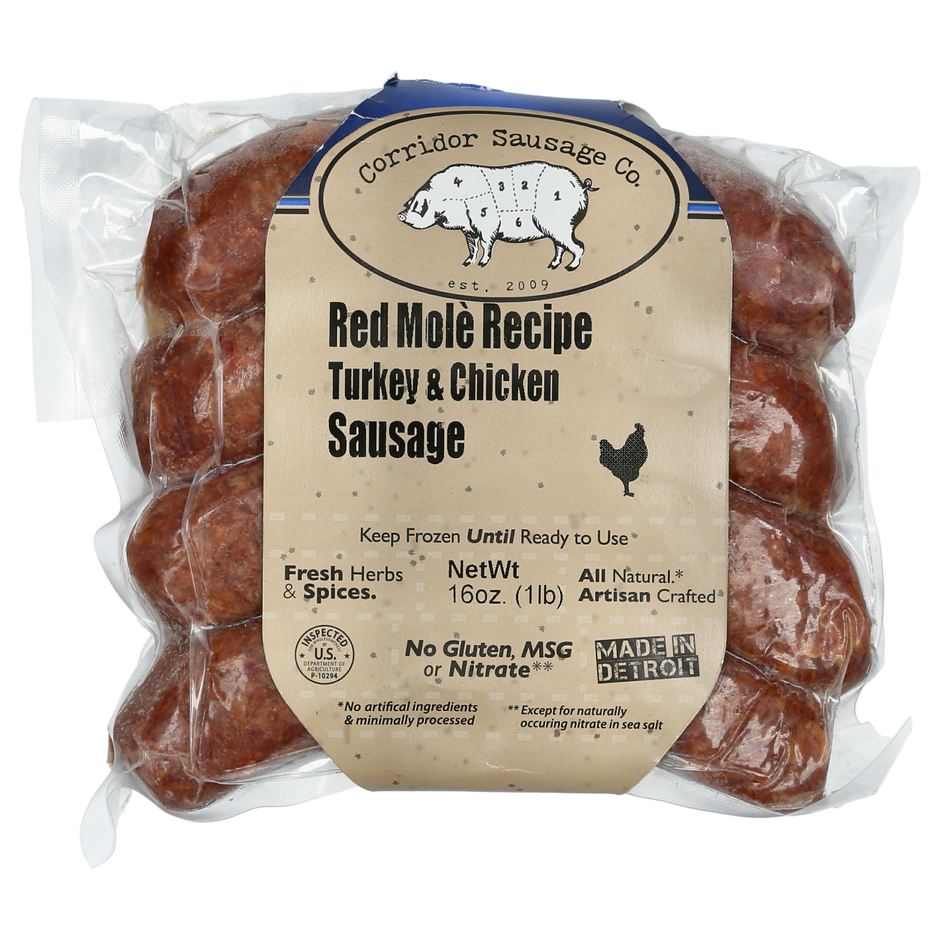 slide 1 of 2, Corridor Sausage Co. Red Mole Turkey & Chicken Sausage, 16 oz