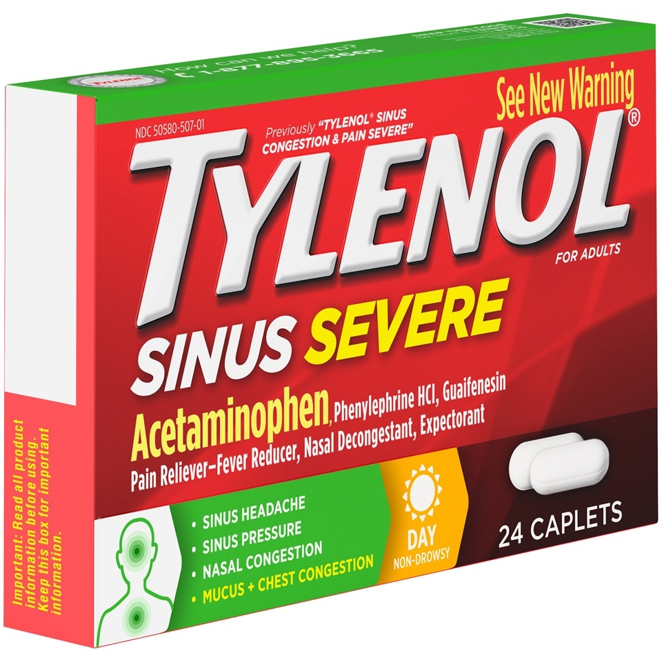slide 2 of 6, Tylenol Sinus Severe Daytime Cold & Flu Relief Medicine Caplets, Non-Drowsy Pain Reliever, Fever Reducer Expectorant & Decongestant, Acetaminophen, Guaifenesin & Phenylephrine HCl, 24 ct
