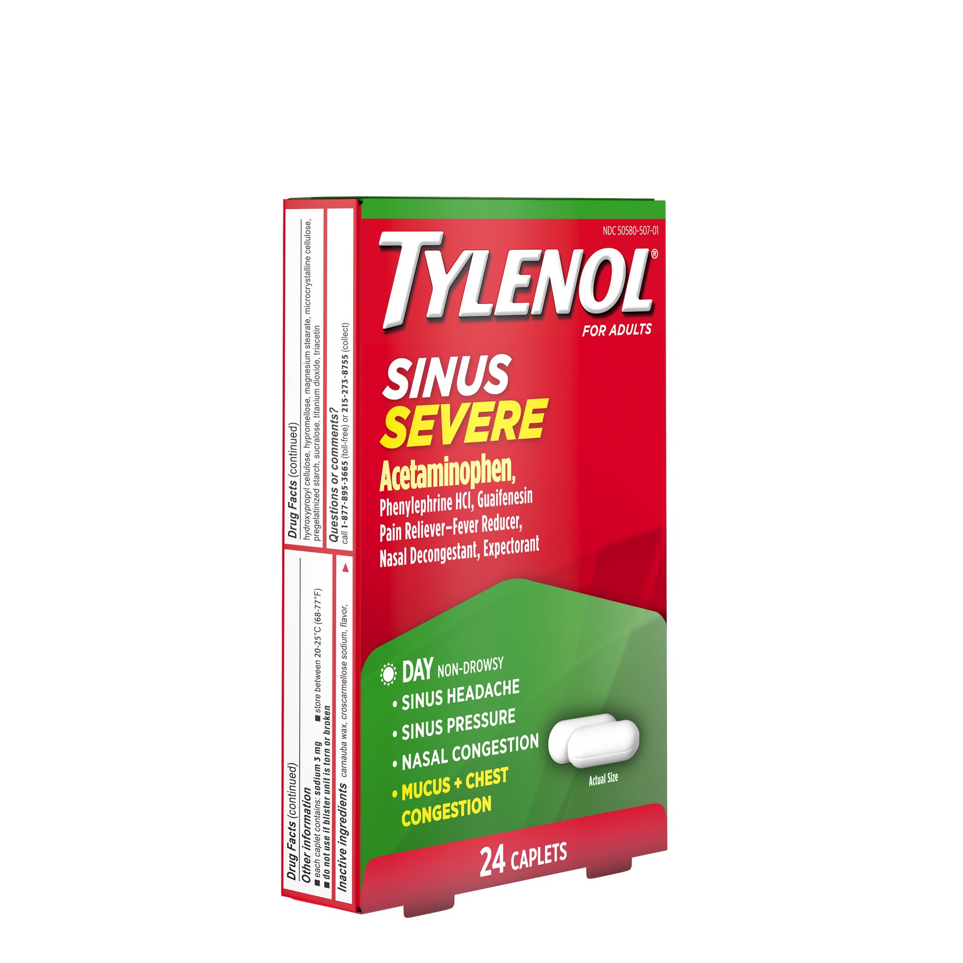 slide 2 of 9, Tylenol Sinus Severe Daytime Cold & Flu Relief Medicine Caplets, Non-Drowsy Pain Reliever, Fever Reducer Expectorant & Decongestant, Acetaminophen, Guaifenesin & Phenylephrine HCl, 24 ct, 24 ct