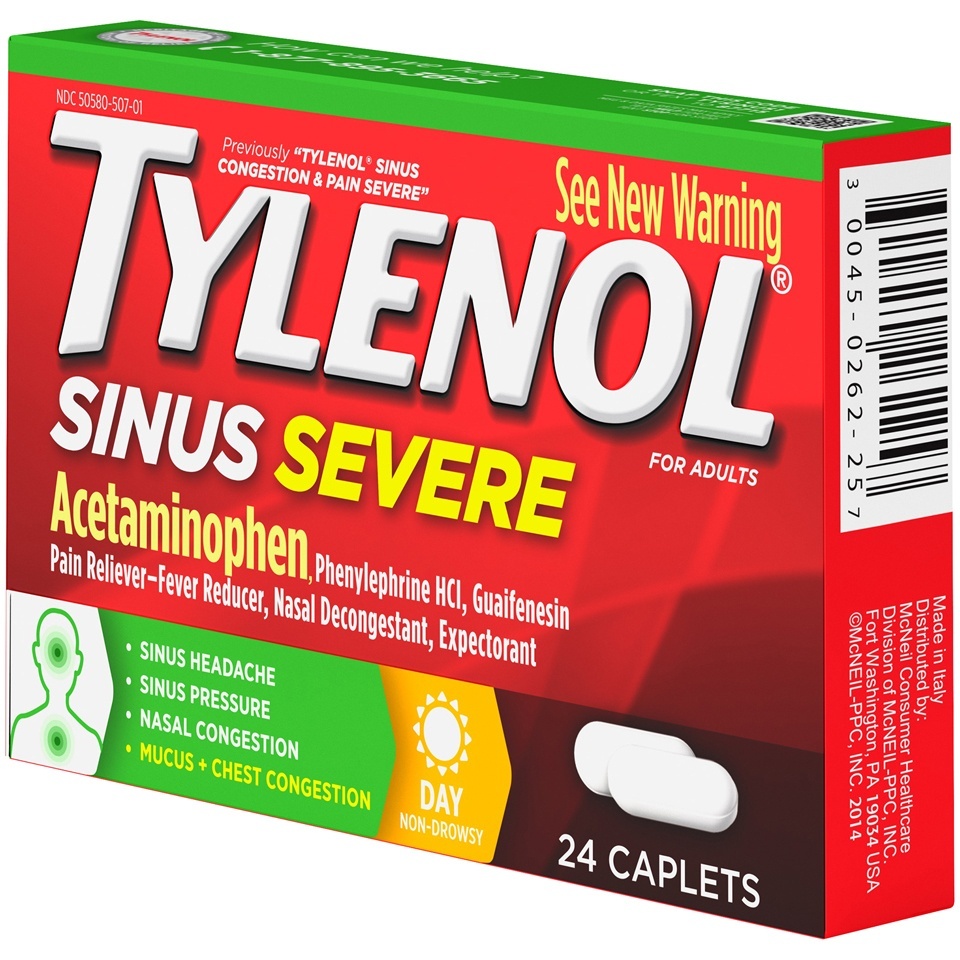 slide 3 of 6, Tylenol Sinus Severe Daytime Cold & Flu Relief Medicine Caplets, Non-Drowsy Pain Reliever, Fever Reducer Expectorant & Decongestant, Acetaminophen, Guaifenesin & Phenylephrine HCl, 24 ct