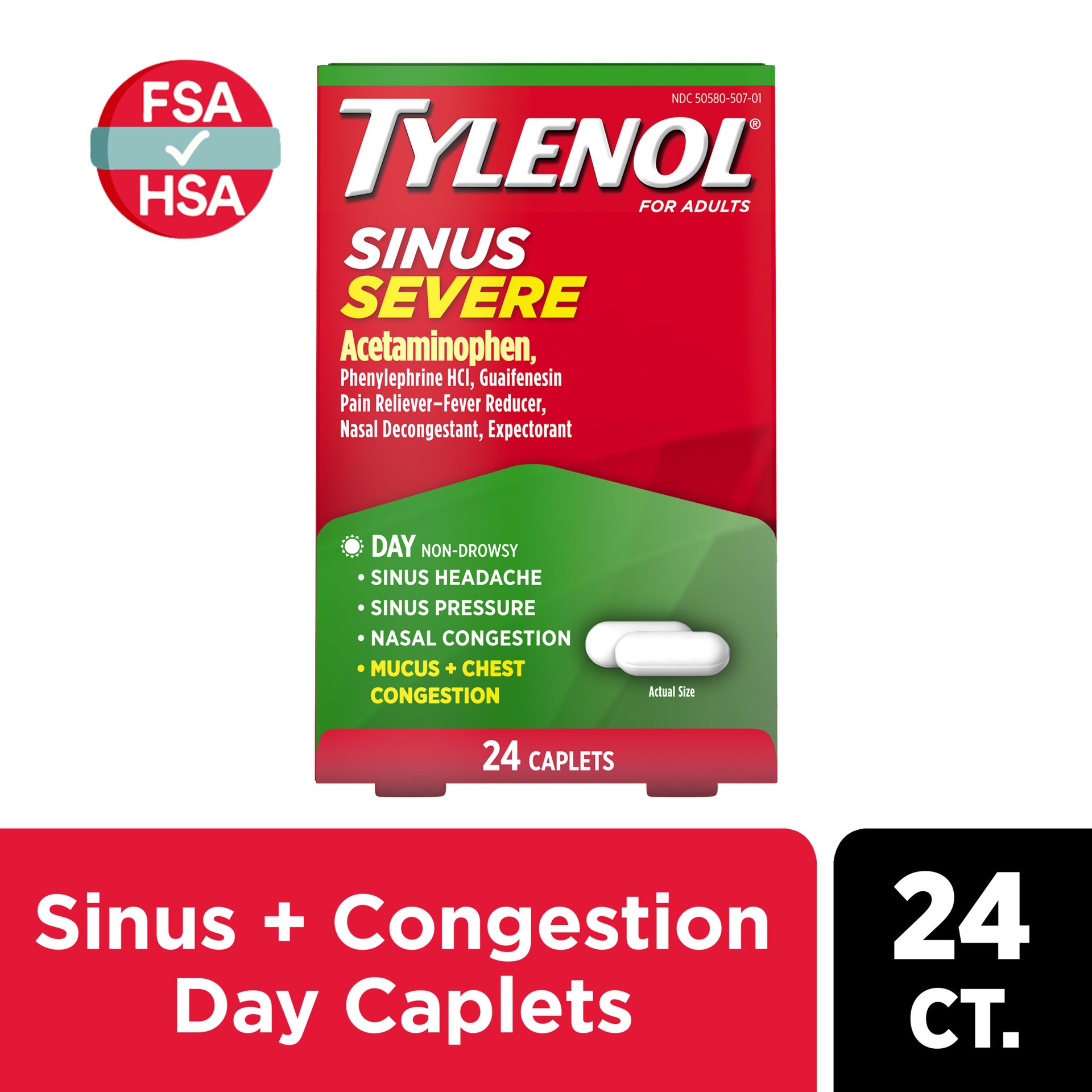 slide 7 of 9, Tylenol Sinus Severe Daytime Cold & Flu Relief Medicine Caplets, Non-Drowsy Pain Reliever, Fever Reducer Expectorant & Decongestant, Acetaminophen, Guaifenesin & Phenylephrine HCl, 24 ct, 24 ct