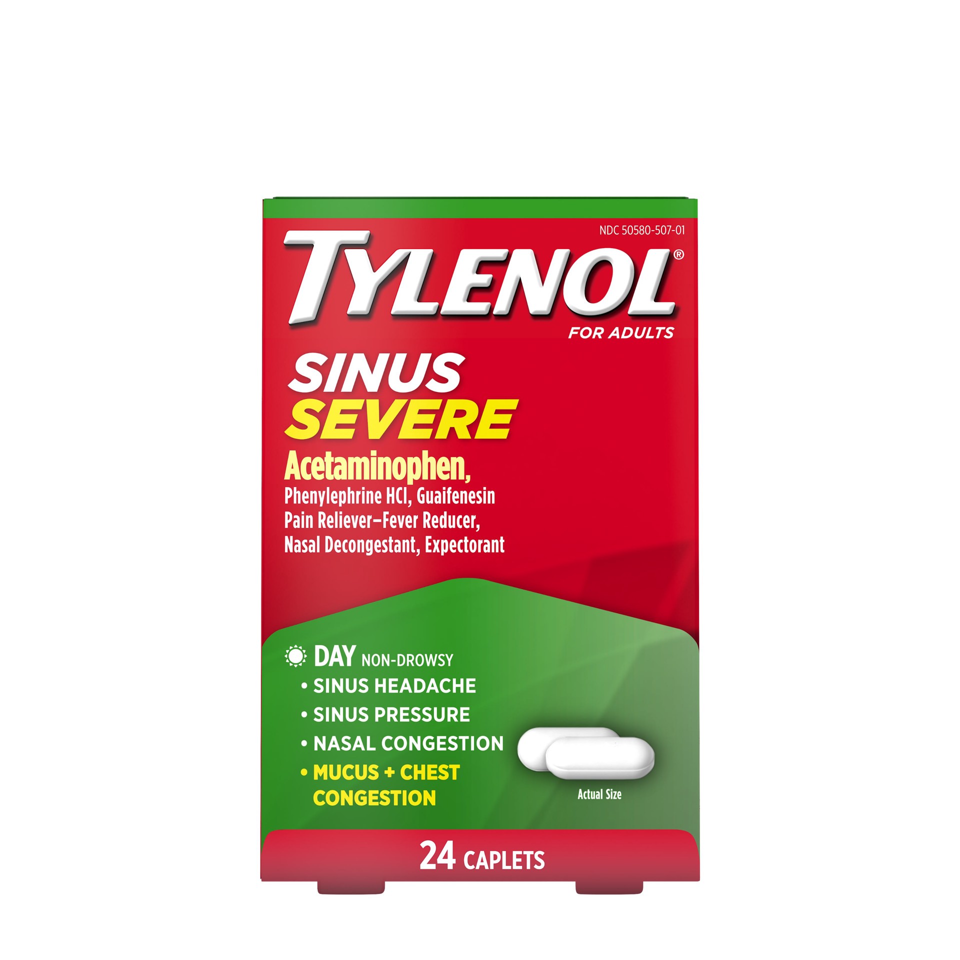 slide 8 of 9, Tylenol Sinus Severe Daytime Cold & Flu Relief Medicine Caplets, Non-Drowsy Pain Reliever, Fever Reducer Expectorant & Decongestant, Acetaminophen, Guaifenesin & Phenylephrine HCl, 24 ct, 24 ct