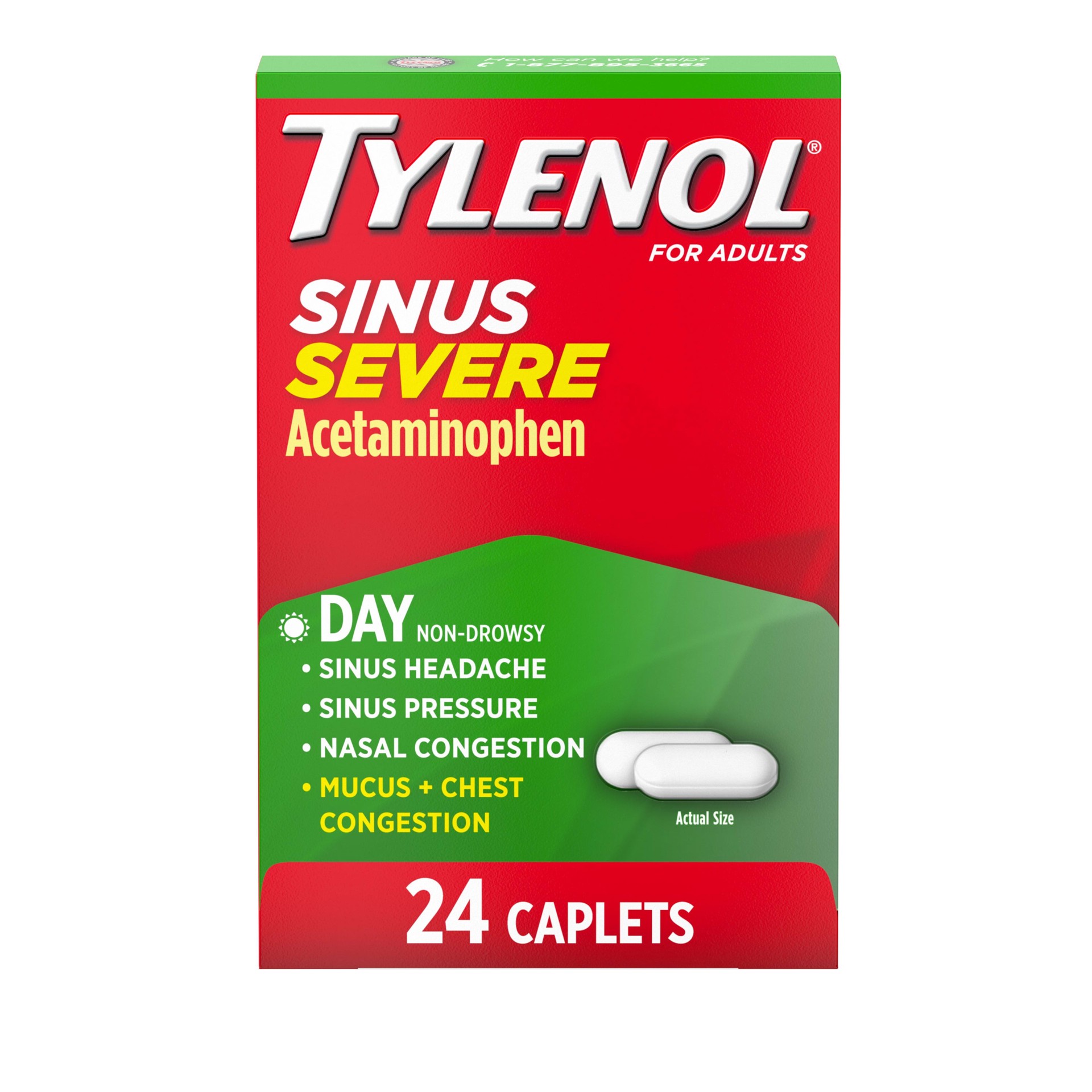 slide 1 of 9, Tylenol Sinus Severe Daytime Cold & Flu Relief Medicine Caplets, Non-Drowsy Pain Reliever, Fever Reducer Expectorant & Decongestant, Acetaminophen, Guaifenesin & Phenylephrine HCl, 24 ct, 24 ct