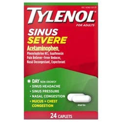 Tylenol Sinus Severe Daytime Cold & Flu Relief Medicine Caplets, Non-Drowsy Pain Reliever, Fever Reducer Expectorant & Decongestant, Acetaminophen, Guaifenesin & Phenylephrine HCl, 24 ct