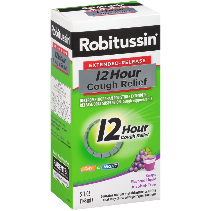 slide 2 of 6, Robitussin Extended-Release 12 Hour Cough Relief Grape Flavored Liquid, 5 fl oz