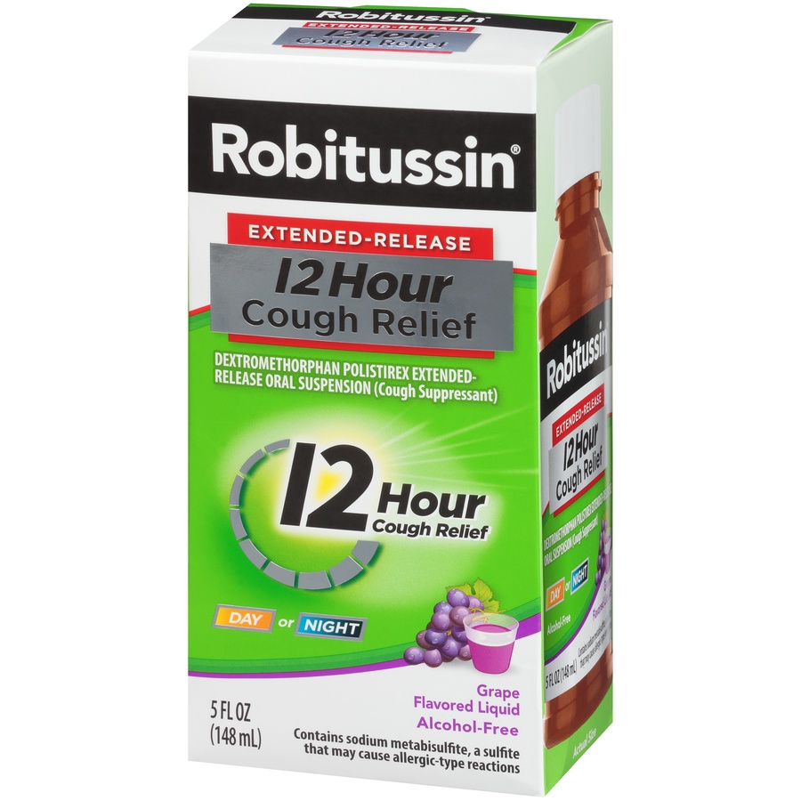 slide 3 of 6, Robitussin Extended-Release 12 Hour Cough Relief Grape Flavored Liquid, 5 fl oz