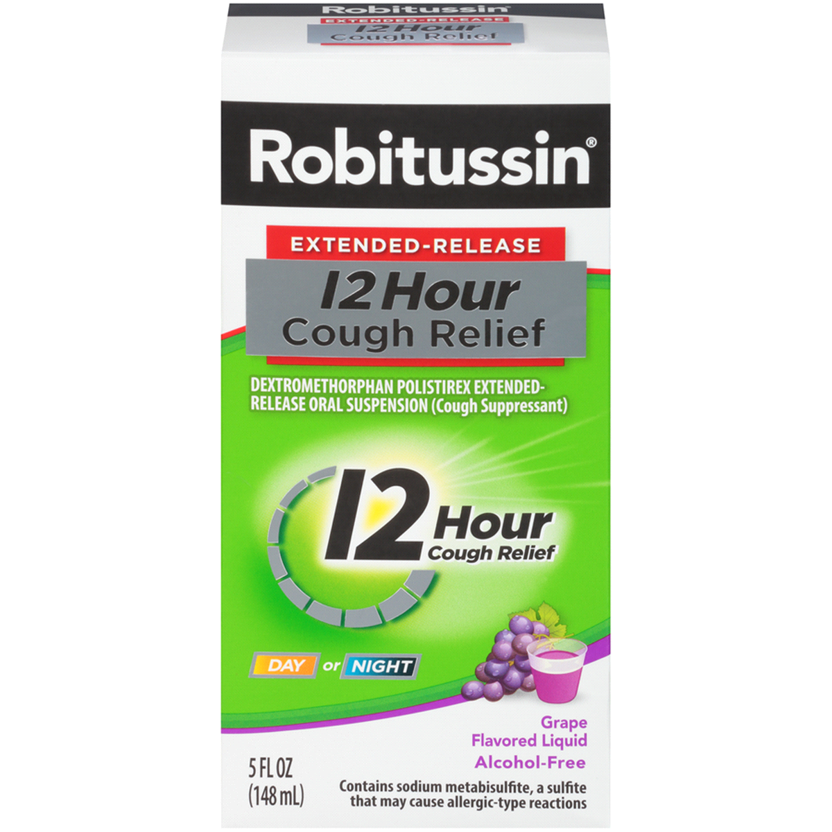 slide 1 of 6, Robitussin Extended-Release 12 Hour Cough Relief Grape Flavored Liquid, 5 fl oz