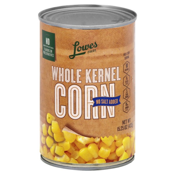 slide 1 of 1, Lowes Foods Whole Kernel Corn No Salt, 15.25 oz