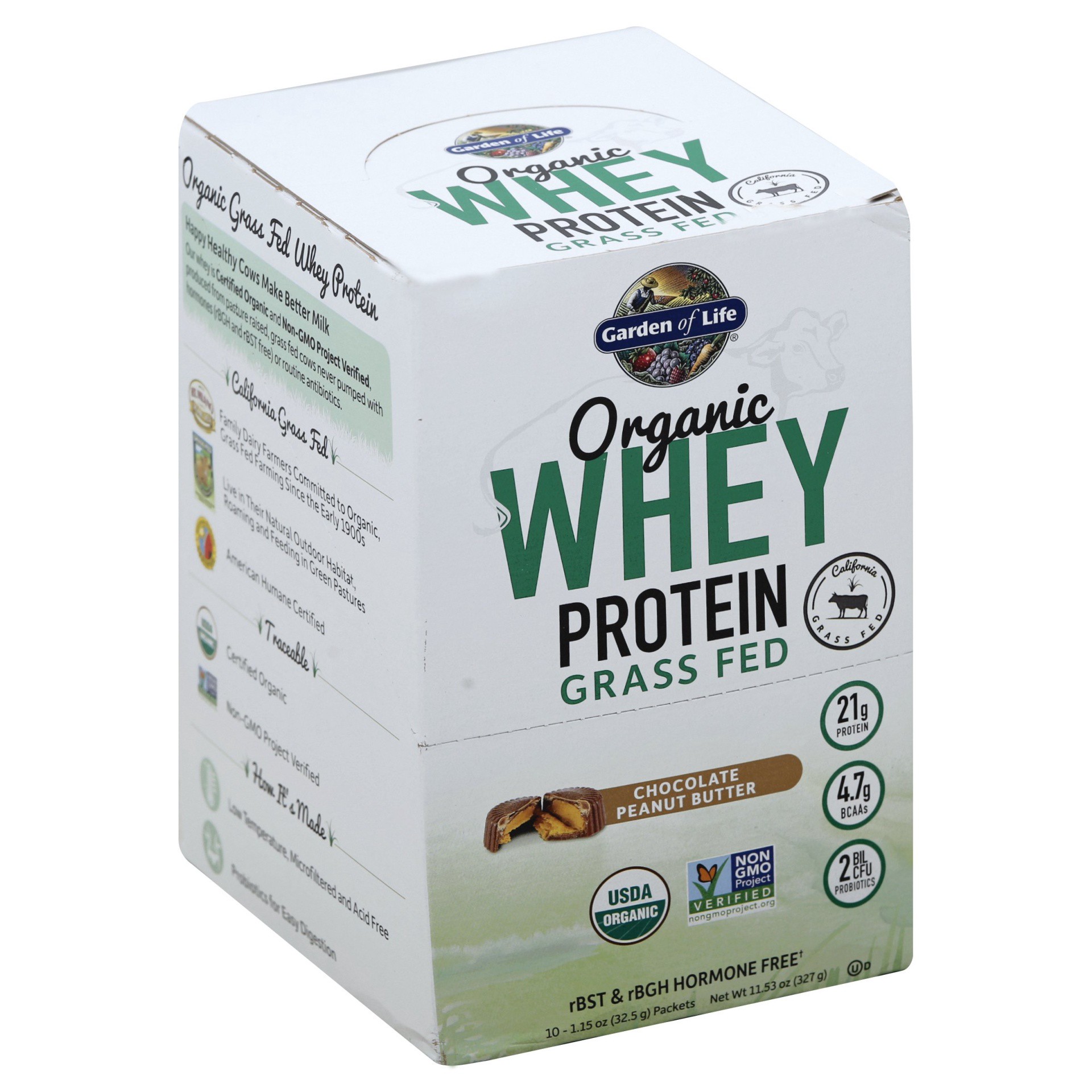 slide 1 of 4, Garden of Life Whey Protein Peanut Butter Chocolate Packets, 10 ct; 1.17 oz 