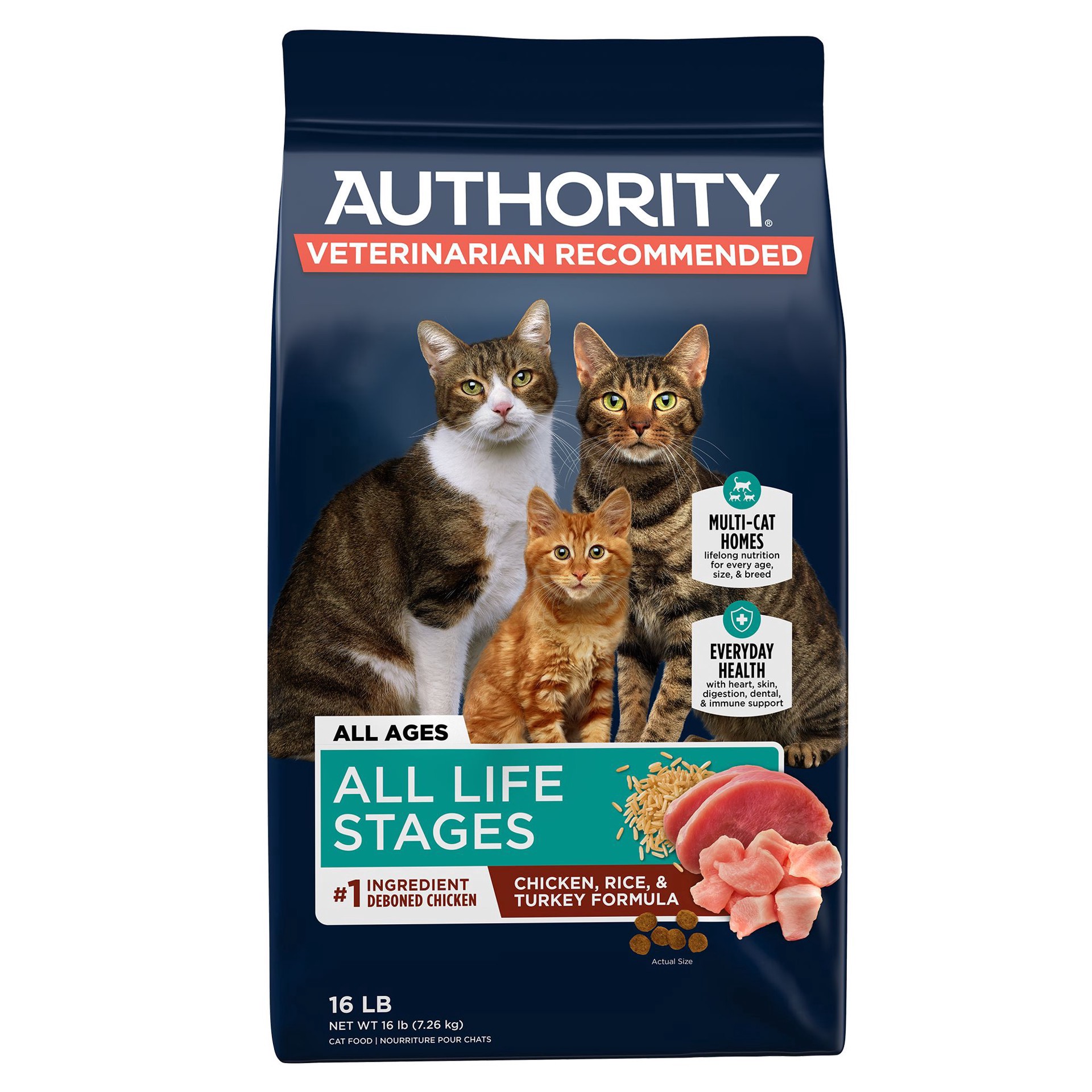 slide 1 of 1, Authority Everyday Health All Life Stages Dry Cat Food - Chicken, Rice & Turkey, With-Grain, 16 lb