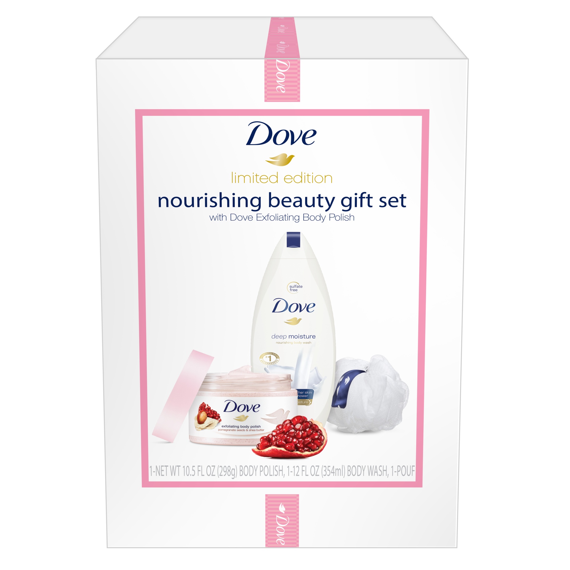 slide 1 of 1, Dove Limited Edition Beauty Gift Set Pomegranate Seeds, Shea Butter and Deep Moisture Exfoliating Body Polish and Moisturizing Body Wash with FREE Body Pouf, 3 ct