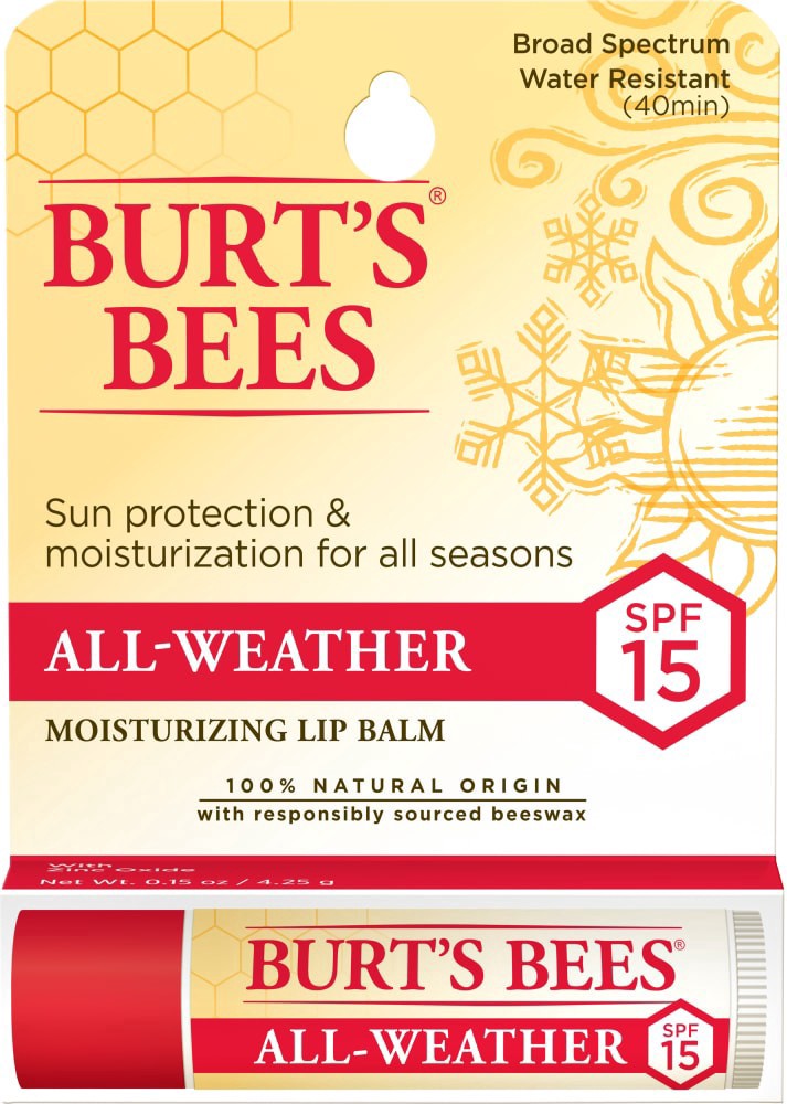 slide 3 of 3, Burt's Bees Natural All-Weather SPF 15 Moisturizing Lip Balm Single Tube, 0.15 oz