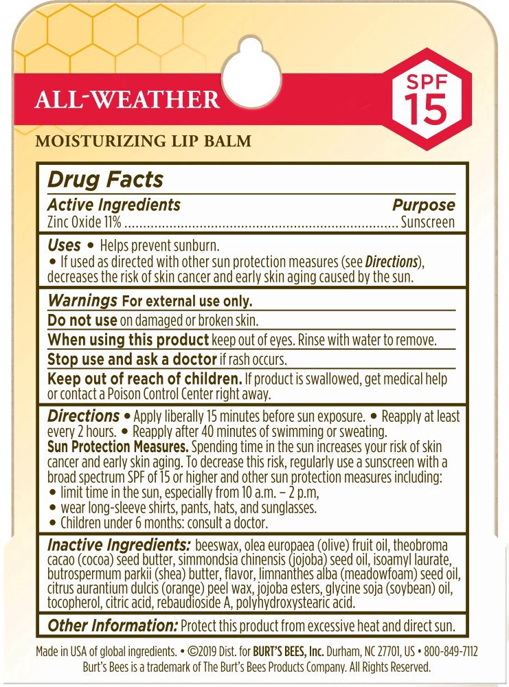 slide 2 of 3, Burt's Bees Natural All-Weather SPF 15 Moisturizing Lip Balm Single Tube, 0.15 oz