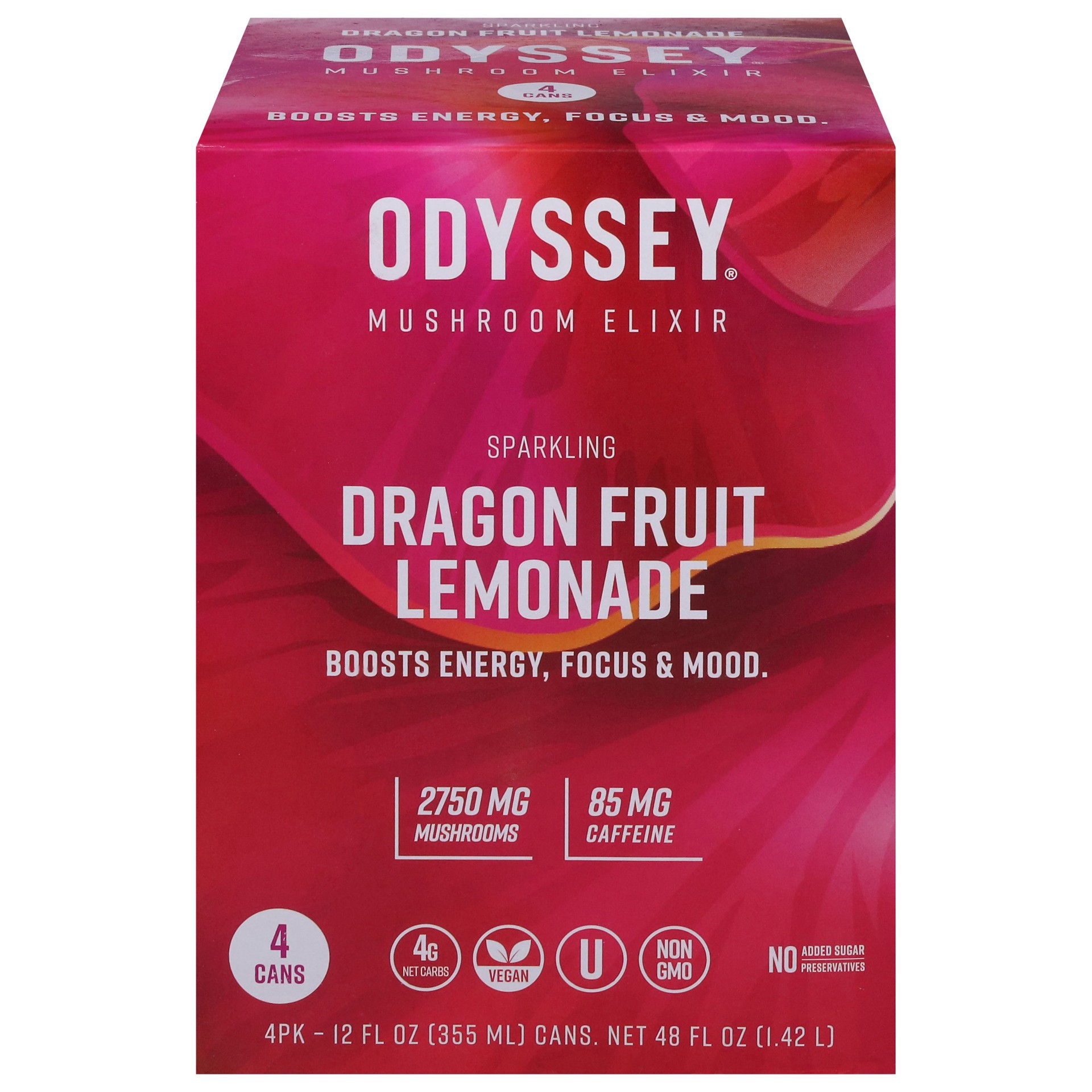 slide 1 of 1, Odyssey Sparkling Energy + Focus Dragon Fruit Lemonade Mushroom Elixir - 4 ct, 4 ct