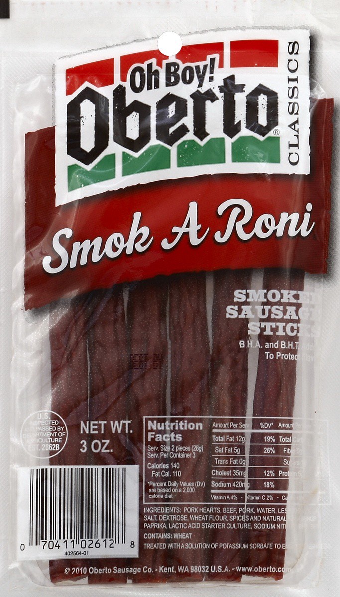 slide 2 of 3, Oberto Smoked Sausage Sticks, Smok a Roni, 3 oz