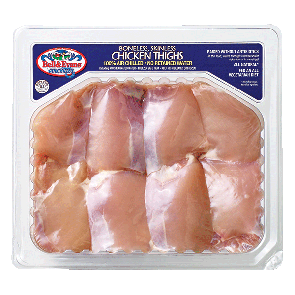 slide 1 of 1, Bell & Evans Boneless Skinless Chicken Thighs, per lb