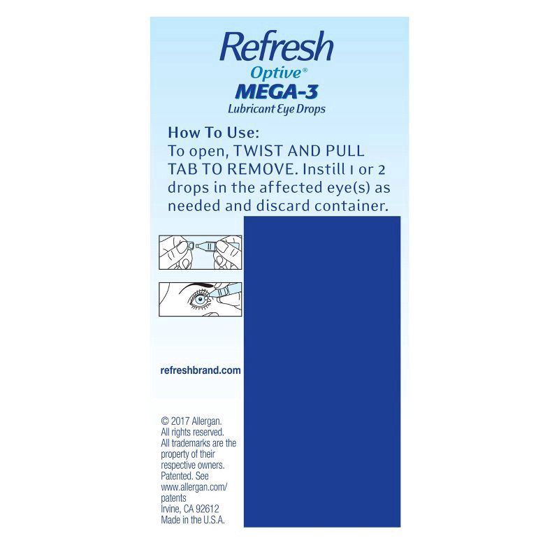 slide 2 of 9, Refresh Optive Mega-3 Lubricant Eye Drops Preservative-Free Artificial Tears, 0.01 fl oz (0.4 mL), 30 Single-Use Containers, 30 ct