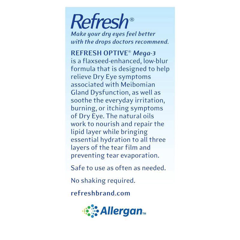 slide 8 of 9, Refresh Optive Mega-3 Lubricant Eye Drops Preservative-Free Artificial Tears, 0.01 fl oz (0.4 mL), 30 Single-Use Containers, 30 ct