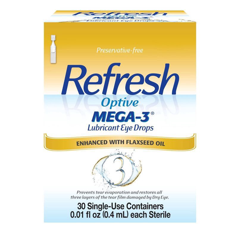 slide 4 of 9, Refresh Optive Mega-3 Lubricant Eye Drops Preservative-Free Artificial Tears, 0.01 fl oz (0.4 mL), 30 Single-Use Containers, 30 ct