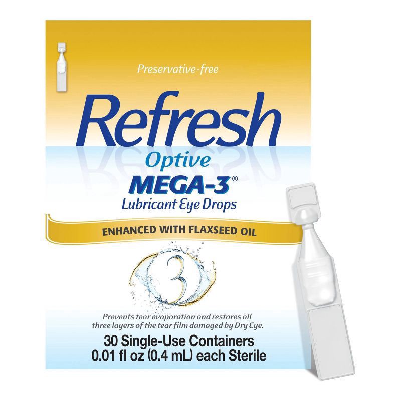 slide 1 of 9, Refresh Optive Mega-3 Lubricant Eye Drops Preservative-Free Artificial Tears, 0.01 fl oz (0.4 mL), 30 Single-Use Containers, 30 ct