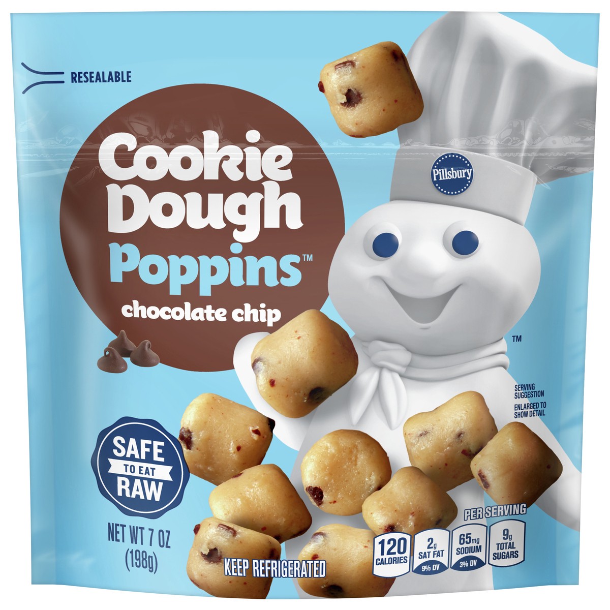 slide 1 of 9, Pillsbury Chocolate Chip Cookie Dough Poppins, Safe to Eat Raw, Resealable Snack Pouch, 7 oz, 7 oz