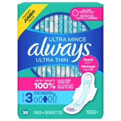 Always Ultra Thin Feminine Pads with Wings for Women, Size 3, Extra Long Super Absorbency, Unscented, 38 Count