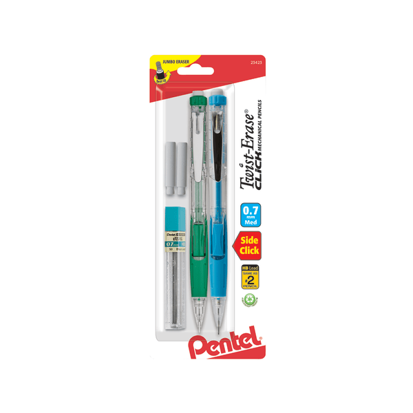 slide 1 of 1, Pentel Twist-Erase Click Mechanical Pencils, 0.7Mm, Hi-Polymer Hb Lead, 59% Recycled, Assorted Barrel Colors, Pack Of 2, 2 ct