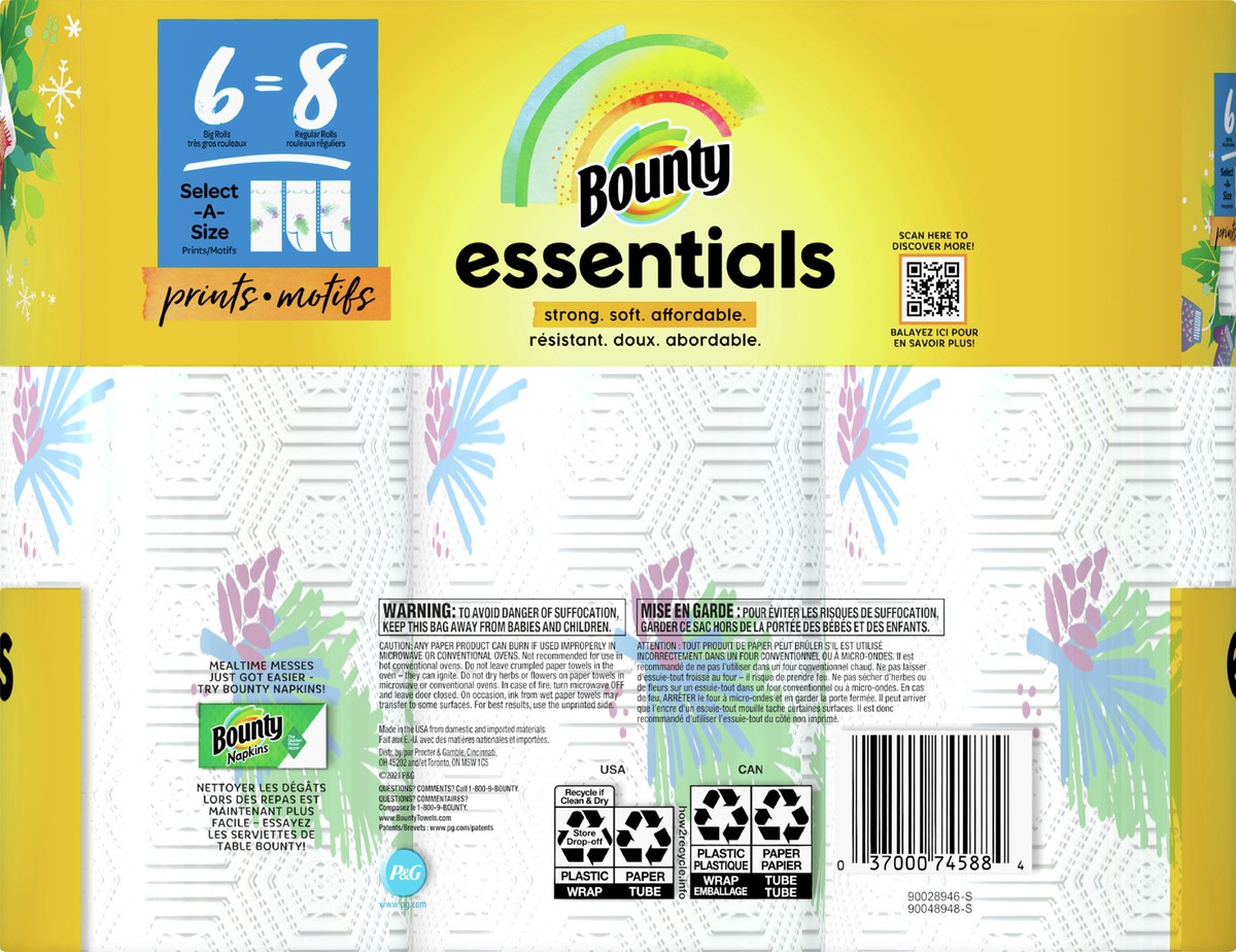 slide 2 of 5, Bounty Essentials Select-A-Size Prints Big Rolls 2-Ply Paper Towels 6 ea Bag, 12 ct