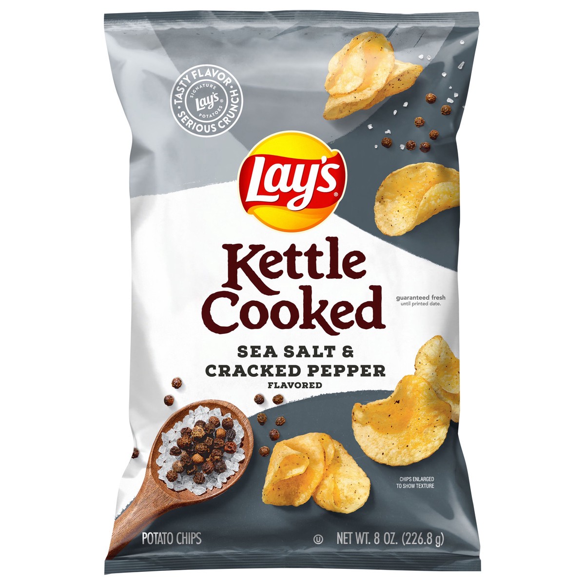 slide 1 of 9, Lay's Kettle Cooked Potato Chips Sea Salt & Cracked Pepper Flavored 8 Oz, 8 oz