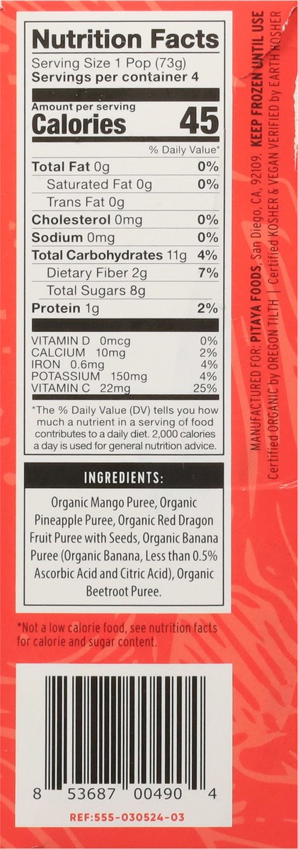 slide 18 of 18, Pitaya Foods Organic Dragon Fruit & Mango Smoothie Pops 4 - 3 fl oz Pops, 4 ct