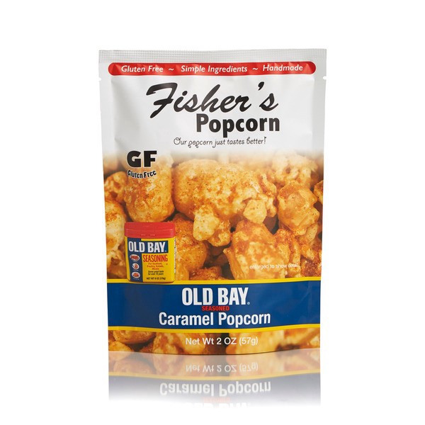 slide 1 of 1, FIsher's Popcorn Small Pouch OLD BAY Seasoned Caramel Popcorn, 2 oz