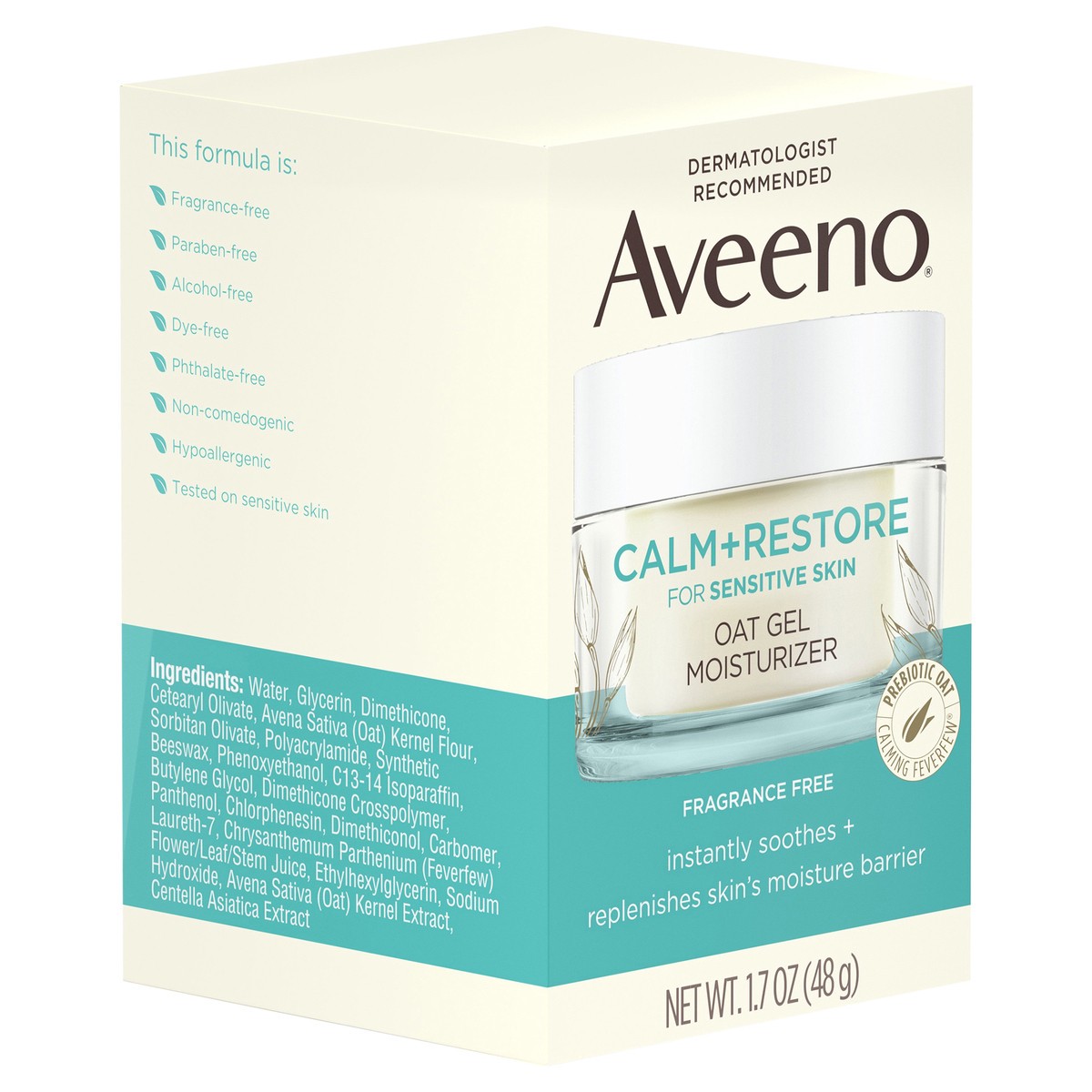 slide 2 of 8, Aveeno Calm + Restore Oat Gel Facial Moisturizer for Sensitive Skin, Fast-Absorbing, Soothing Lightweight Gel Cream with Prebiotic Oat & Feverfew, Fragrance-Free & Hypoallergenic, 1.7 oz, 1.7 oz