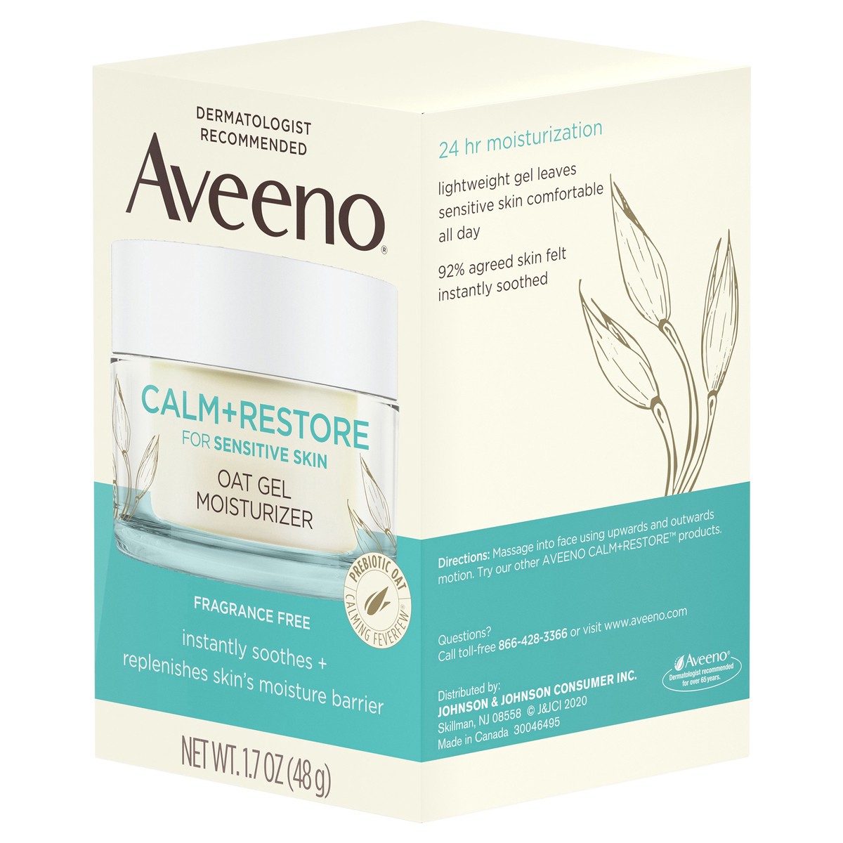 slide 7 of 8, Aveeno Calm + Restore Oat Gel Facial Moisturizer for Sensitive Skin, Fast-Absorbing, Soothing Lightweight Gel Cream with Prebiotic Oat & Feverfew, Fragrance-Free & Hypoallergenic, 1.7 oz, 1.7 oz