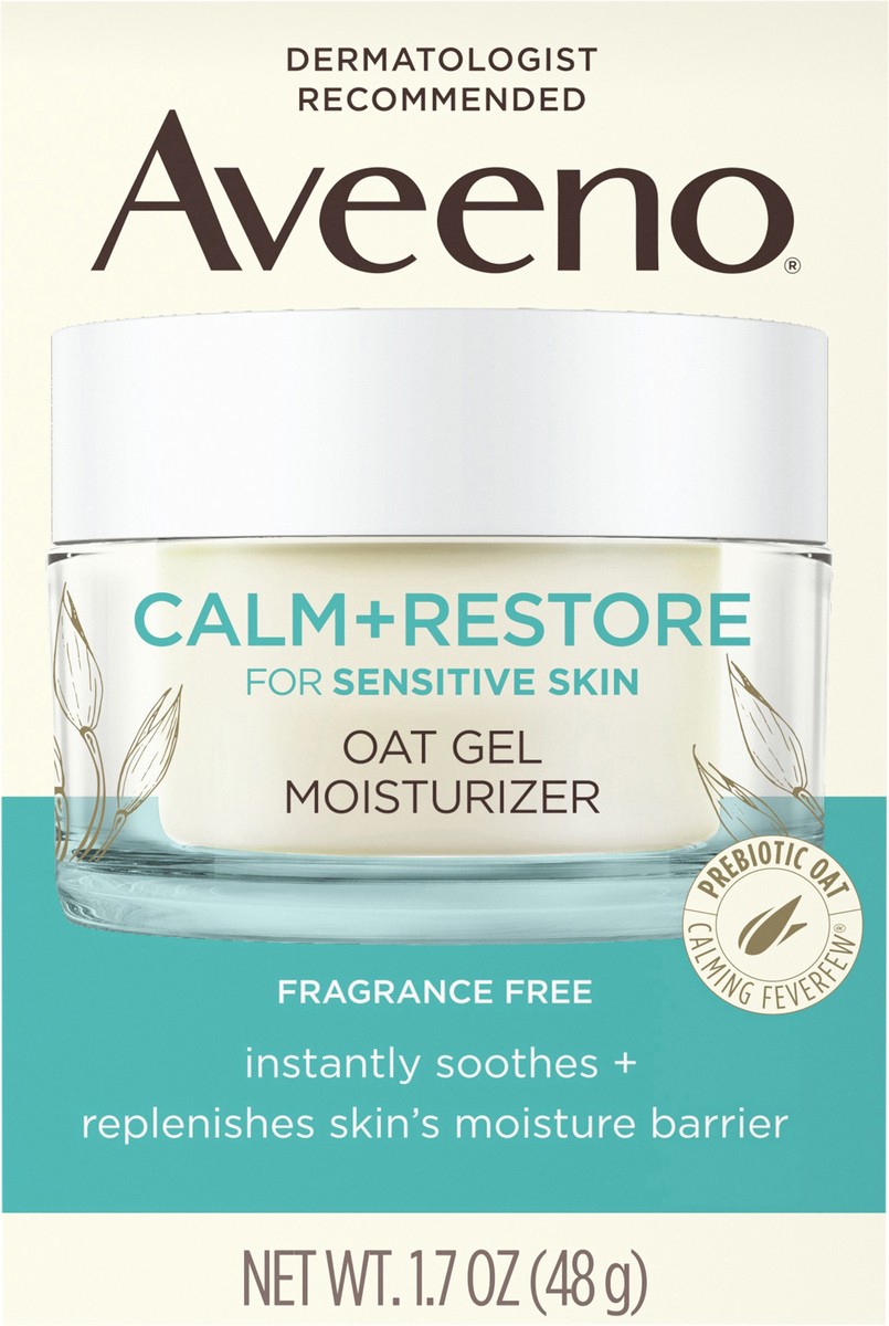 slide 4 of 8, Aveeno Calm + Restore Oat Gel Facial Moisturizer for Sensitive Skin, Fast-Absorbing, Soothing Lightweight Gel Cream with Prebiotic Oat & Feverfew, Fragrance-Free & Hypoallergenic, 1.7 oz, 1.7 oz