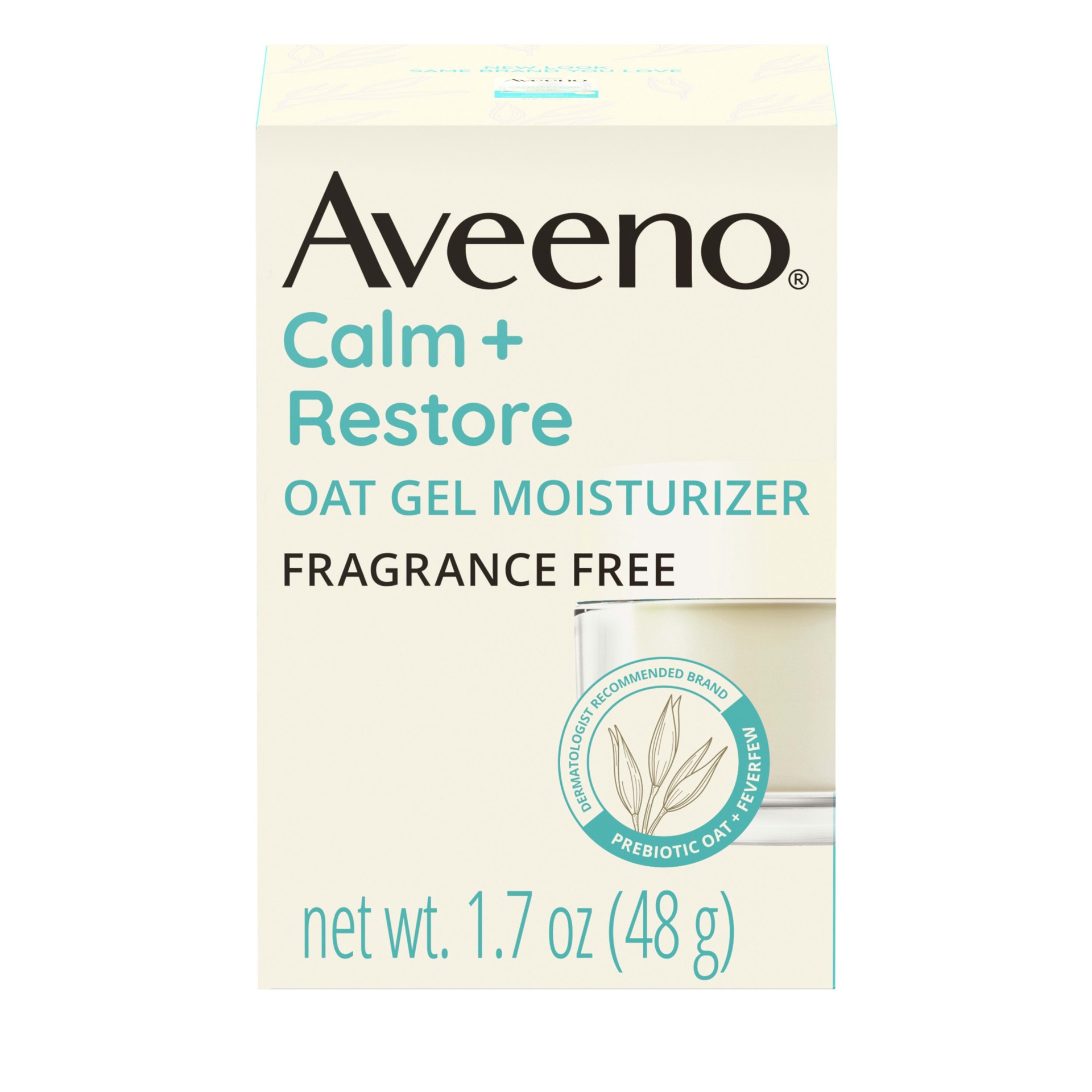 slide 1 of 8, Aveeno Calm + Restore Oat Gel Facial Moisturizer for Sensitive Skin, Fast-Absorbing, Soothing Lightweight Gel Cream with Prebiotic Oat & Feverfew, Fragrance-Free & Hypoallergenic, 1.7 oz, 1.7 oz