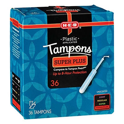 slide 1 of 1, H-E-B Plastic Unscented Super Plus Tampons, 36 ct