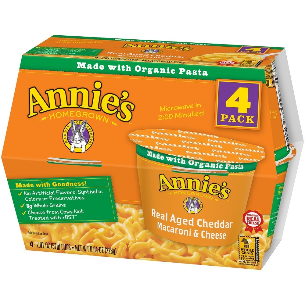 slide 2 of 3, Annie's Real Aged Cheddar Microwave Mac and Cheese with Organic Pasta, Made with Real Cheese, Dinner Side or Snacks, 4 Cups, 8.04 oz, 4 ct