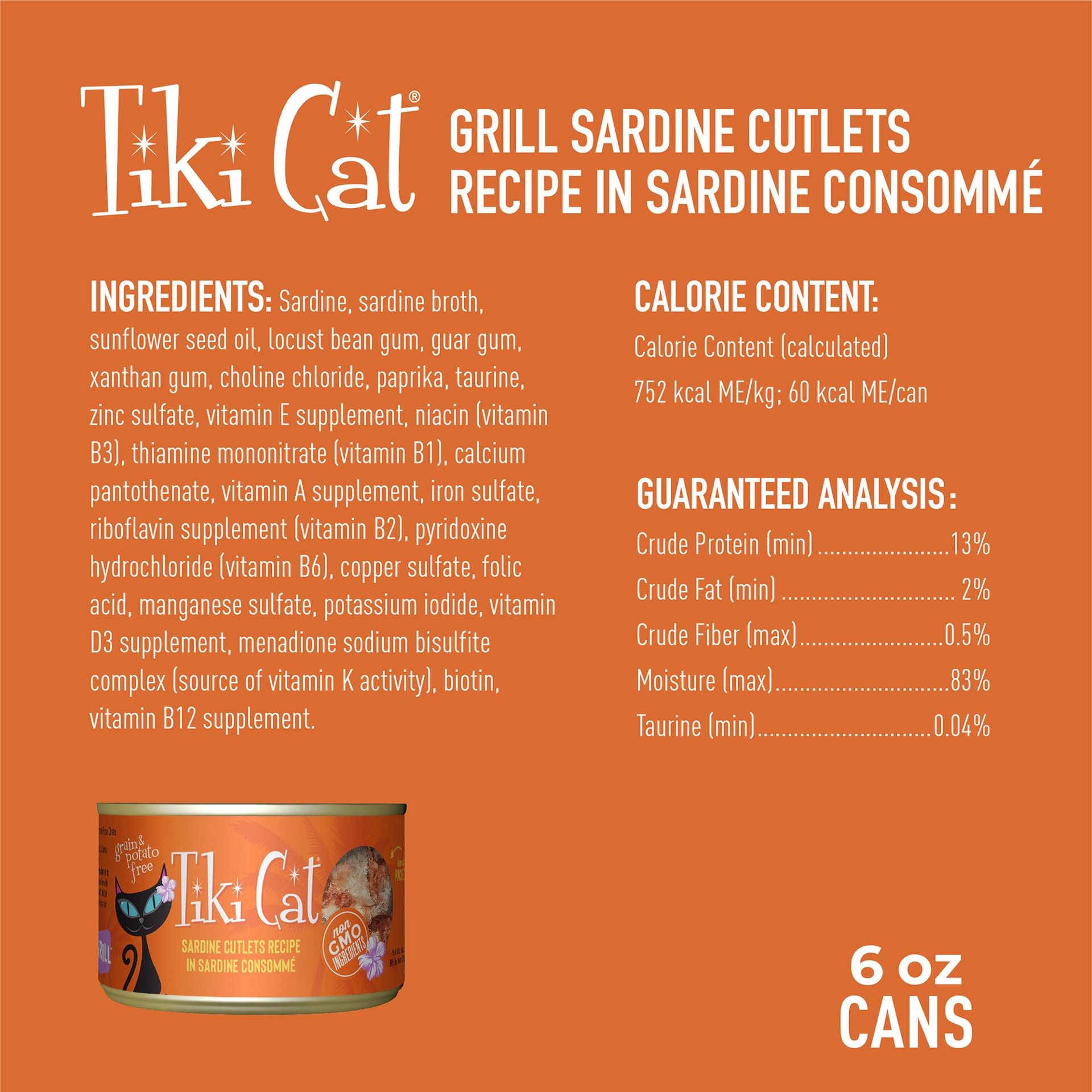 slide 5 of 7, Tiki Cat Grill Wet Cat Food, Sardine Cutlets Recipe in Sardine Consomme, 6 oz. Can (8 Count), 6 oz