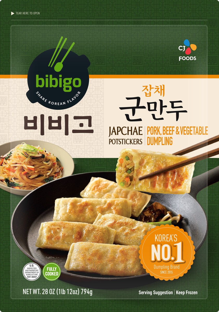 slide 2 of 3, Bibigo Japchae Pork, Beef & Vegetable Dumpling Potstickers 28 oz, 28 oz