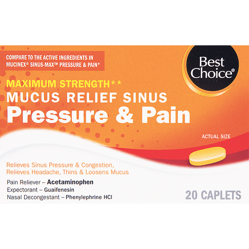 slide 1 of 1, Best Choice Maximum Strength Mucus Relief Sinus Pressure Pain Caplets, 20 ct