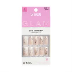 Kiss Glam 3d & Jewel Press On Nails , Wrapped In Beauty, Neutral, Long Square, 32 Count