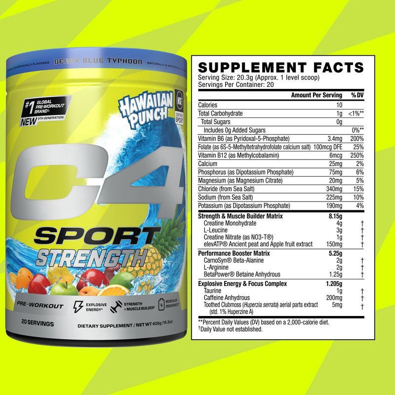 slide 4 of 7, C4 Sport Sport Strength Berry Blue Typhoon Pre-Workout 14.3 oz, 14.3 oz
