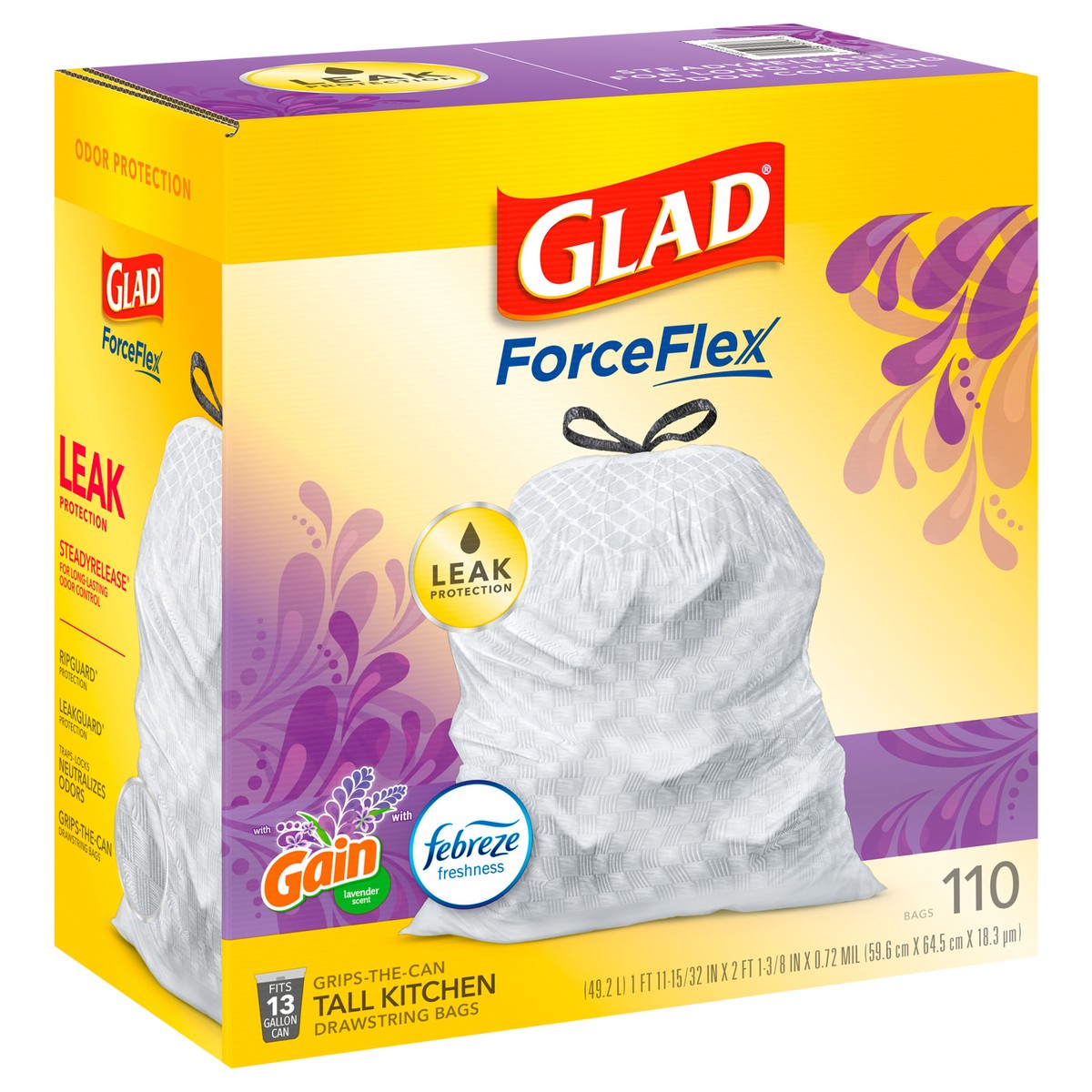 slide 2 of 9, Glad Force Flex Drawstring Gain Lavender Odor Shield 13gal 110ct, 110 ct