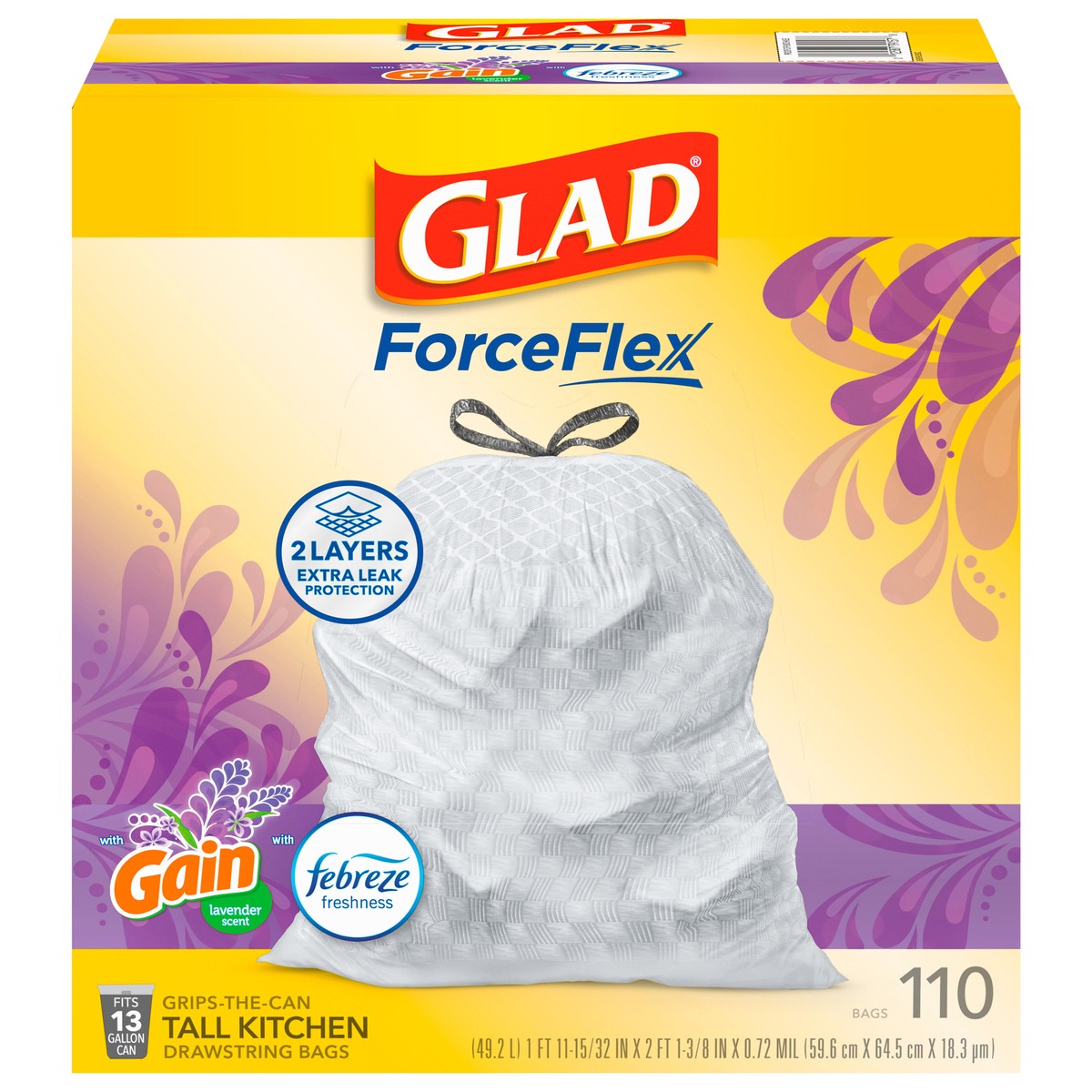 slide 1 of 9, Glad Force Flex Drawstring Gain Lavender Odor Shield 13gal 110ct, 110 ct