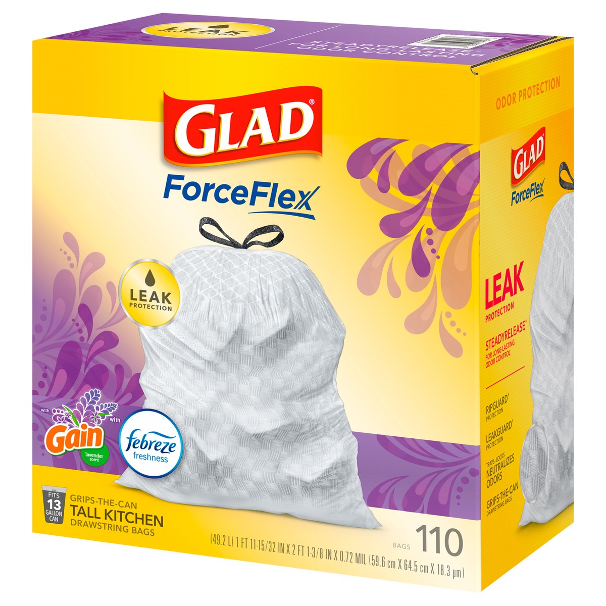 slide 4 of 9, Glad Force Flex Drawstring Gain Lavender Odor Shield 13gal 110ct, 110 ct