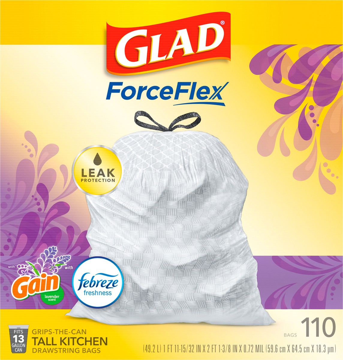 slide 5 of 9, Glad Force Flex Drawstring Gain Lavender Odor Shield 13gal 110ct, 110 ct