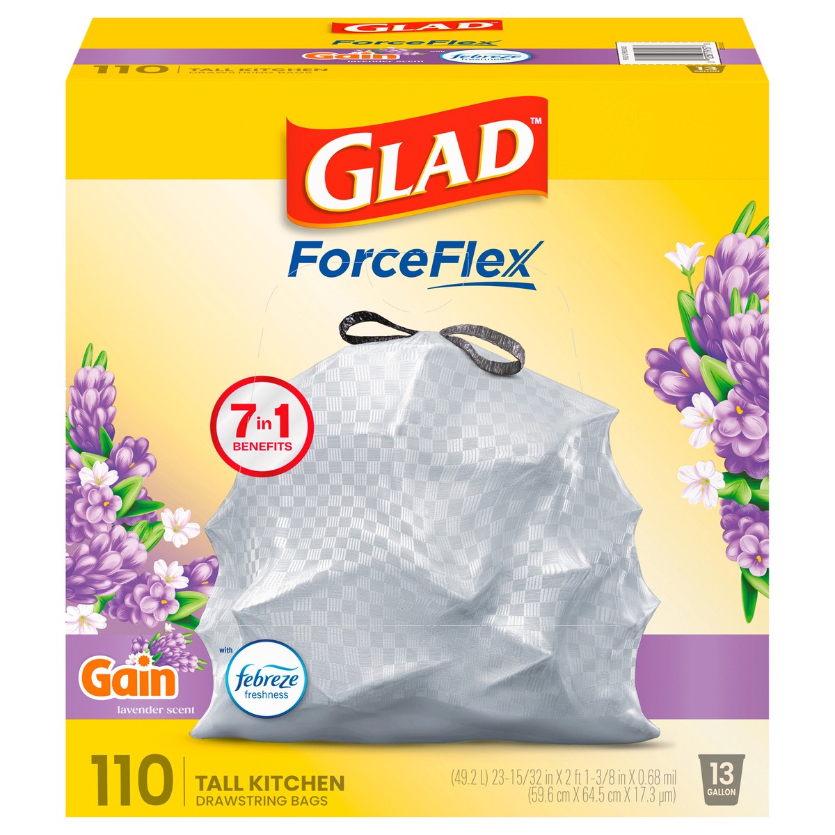 slide 1 of 9, Glad Force Flex Drawstring Gain Lavender Odor Shield 13gal 110ct, 110 ct