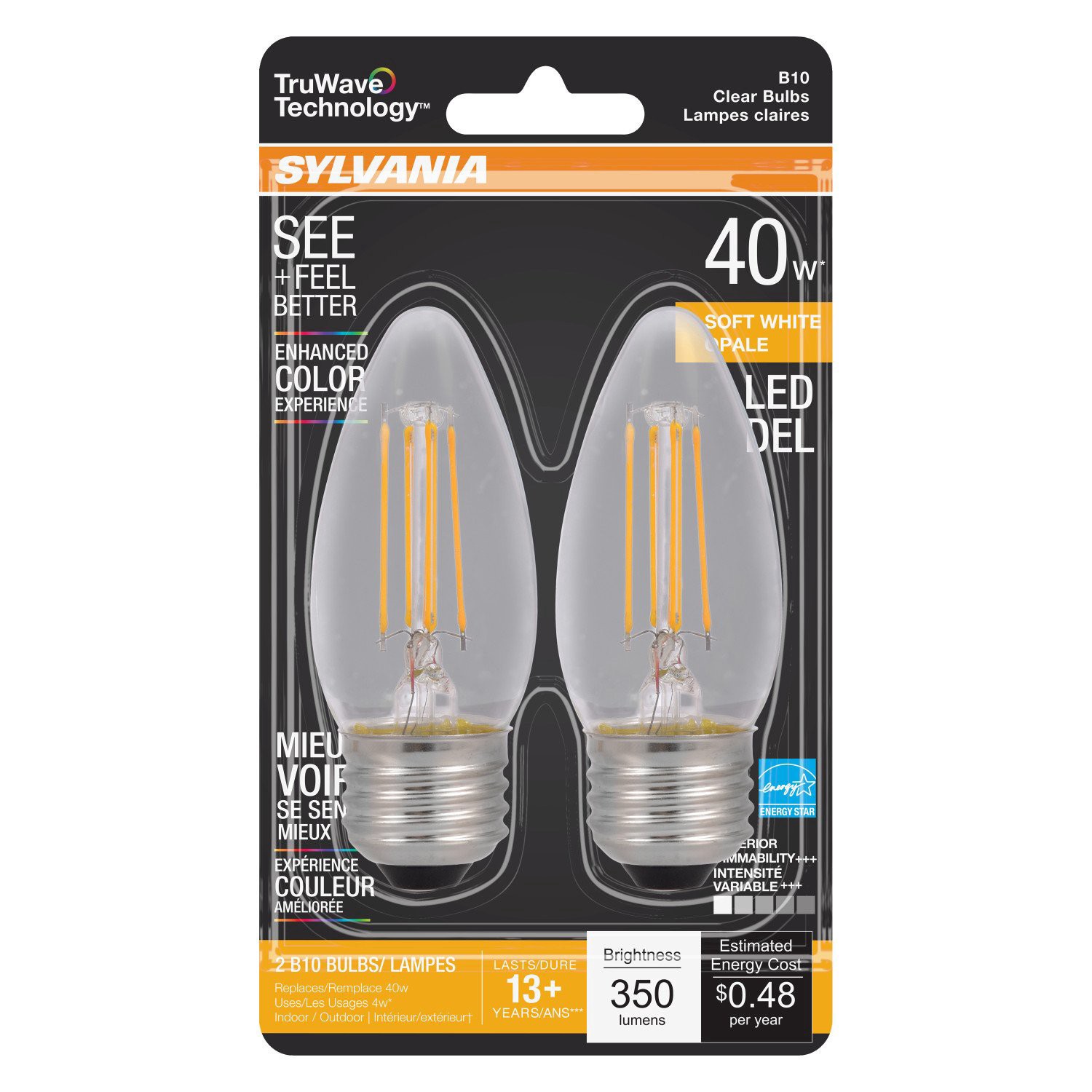 slide 1 of 1, Sylvania TruWave 40-Watt B10 Soft White LED Light Bulbs, 2 ct