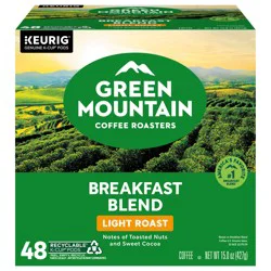 Green Mountain Coffee Roasters Breakfast Blend Single-Serve Keurig K-Cup Pods, Light Roast Coffee, 48 Count